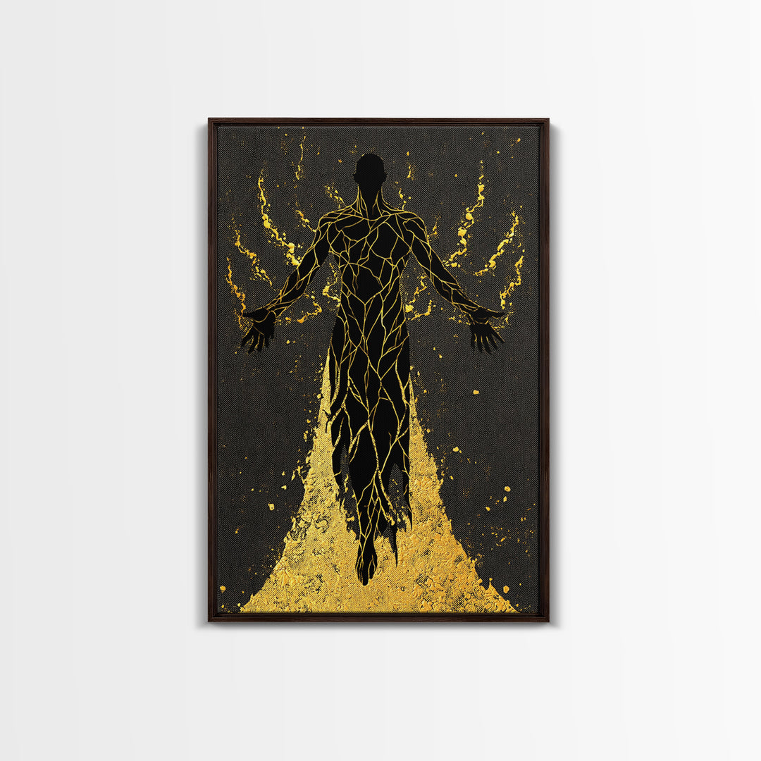 Radiant Ascension Canvas Gold Canvas Print, Mythological Abstract Silhouette, Celestial Fantasy Wall Art, Real Wood Frame