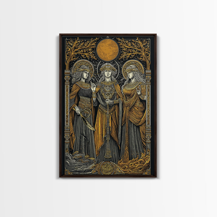 Three Goddesses Mythological Canvas Gold Canvas Print, Greek Goddess Wall Art, Sacred Feminine Decorative Art, Real Wood Frame