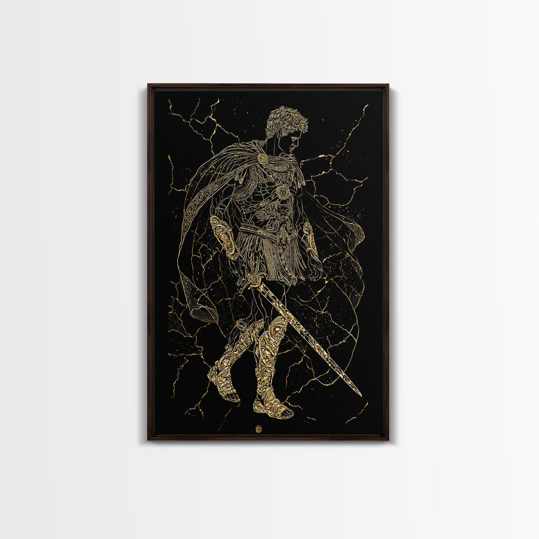 Roman Warrior Hero Canvas Gold Canvas Print, Ancient Gladiator Wall Art, Mythological Soldier Decor, Real Wood Frame