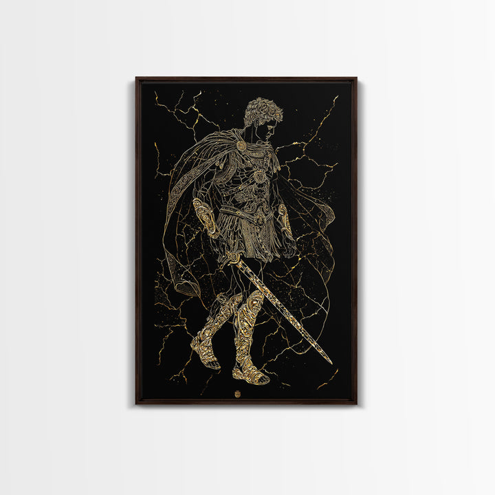 Roman Warrior Hero Canvas Gold Canvas Print, Ancient Gladiator Wall Art, Mythological Soldier Decor, Real Wood Frame
