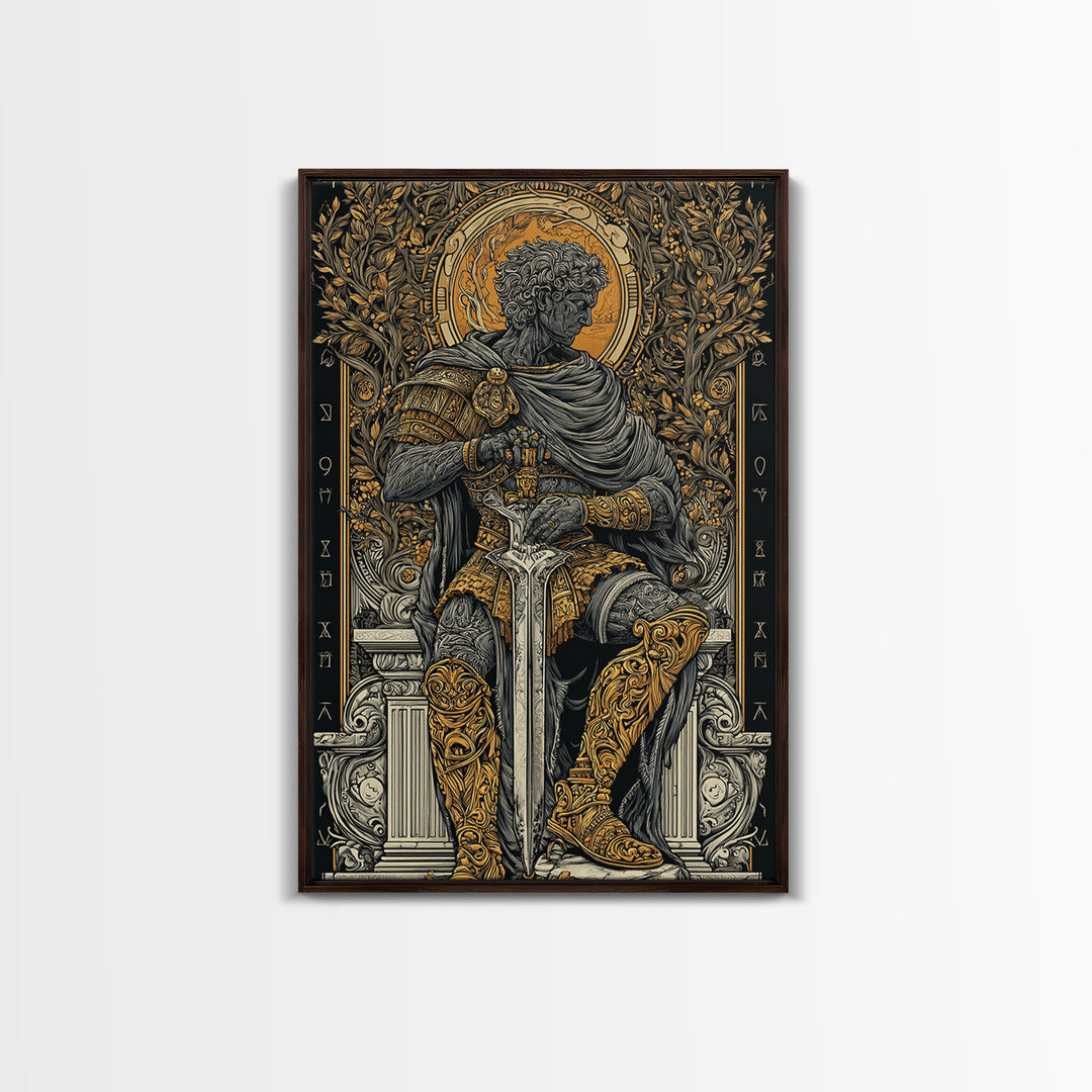 Seated Roman King Canvas Gold Canvas Print, Ancient Emperor Wall Art, Regal Mythological Decor, Real Wood Frame