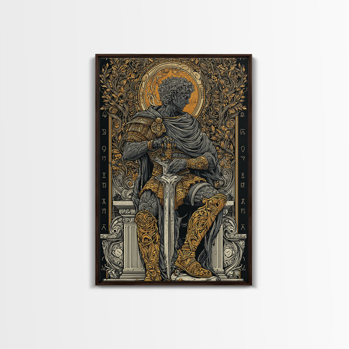Seated Roman King Canvas Gold Canvas Print, Ancient Emperor Wall Art, Regal Mythological Decor, Real Wood Frame