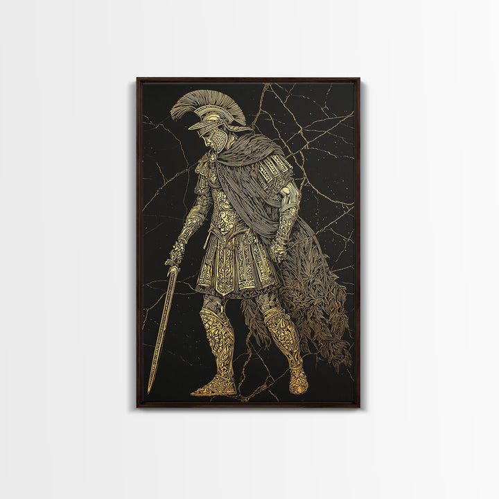 Mythical Roman Soldier Canvas Gold Canvas Print, Ancient Gladiator Wall Art, Warrior Decorative Art, Real Wood Frame