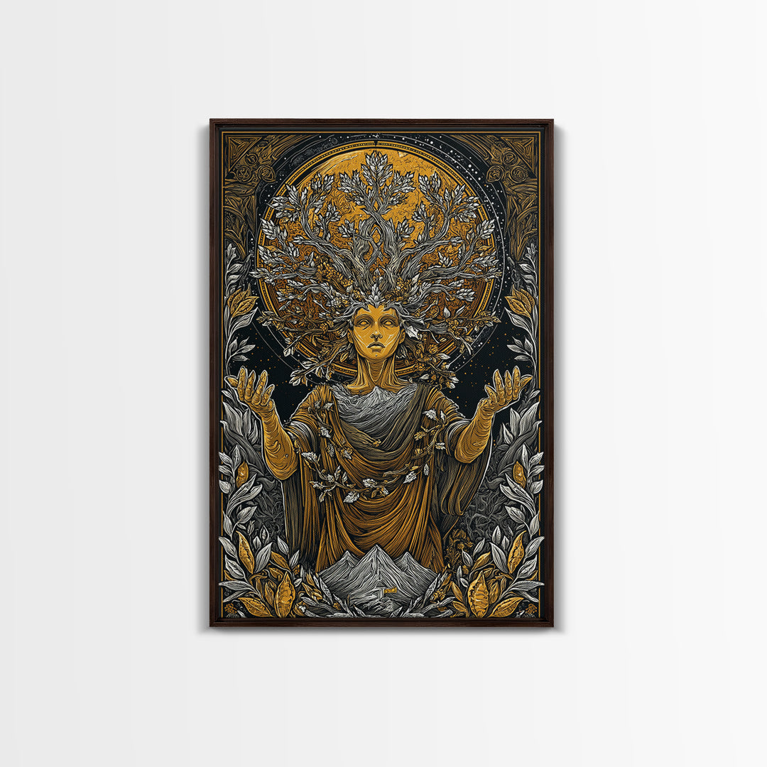 Gaia Mother Earth Canvas Gold Canvas Print, Greek Goddess Wall Art, Divine Nature Decorative Art, Real Wood Frame