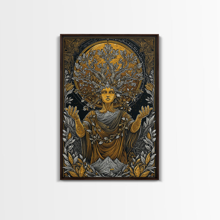 Gaia Mother Earth Canvas Gold Canvas Print, Greek Goddess Wall Art, Divine Nature Decorative Art, Real Wood Frame
