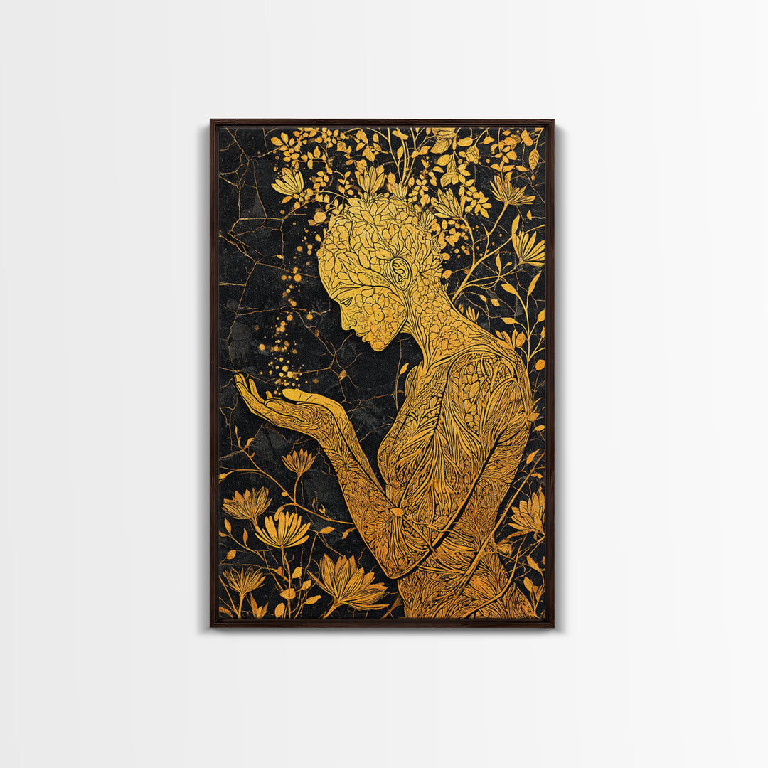 Floral Spirit Goddess Canvas Gold Canvas Print, Botanical Mythological Wall Art, Feminine Divine Decor, Real Wood Frame