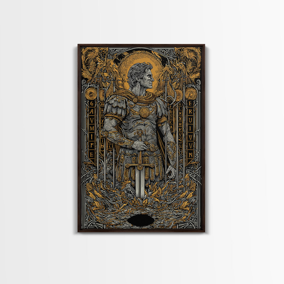Roman Warrior Holding Sword, Canvas Gold Canvas Print, Ancient Soldier Artwork, Mythology Wall Art, Real Wood Frame