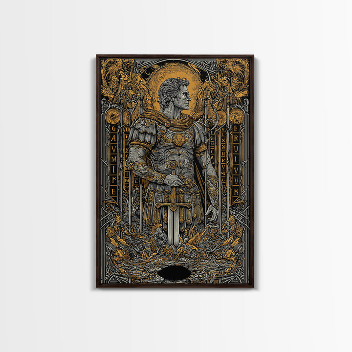 Roman Warrior Holding Sword, Canvas Gold Canvas Print, Ancient Soldier Artwork, Mythology Wall Art, Real Wood Frame