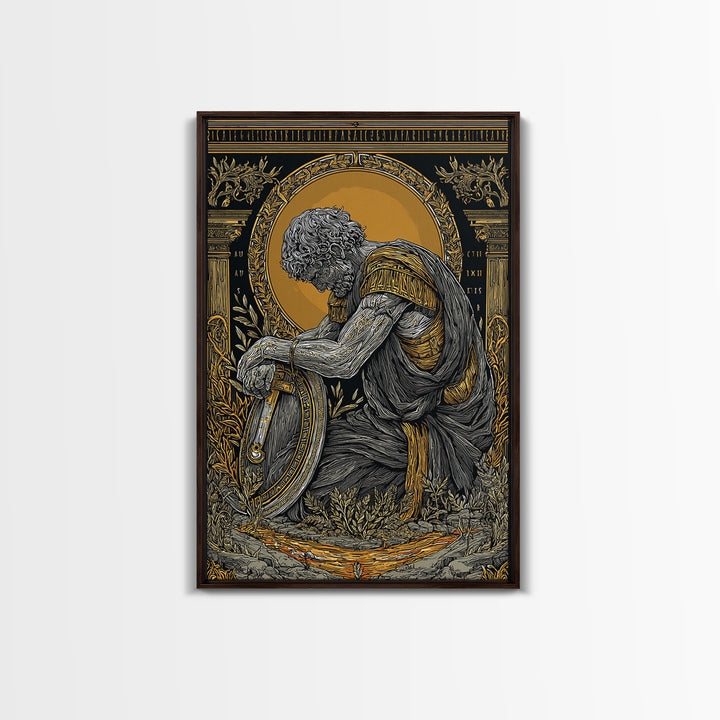 Kneeling Roman Soldier With Shield, Canvas Gold Art, Mythology Inspired Print, Ancient History Wall Decor, Real Wood Frame