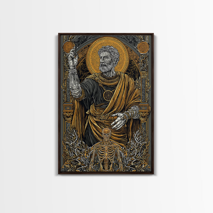 Ancient Philosopher With Skeleton, Canvas Gold Canvas Print, Mythology Wall Art, Classical History Artwork, Real Wood Frame