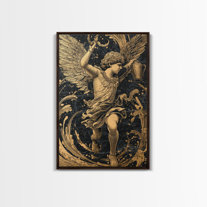 Winged Angel With Water Vessel, Canvas Gold Canvas Print, Mythology Inspired Artwork, Ancient Classical Decor, Real Wood Frame