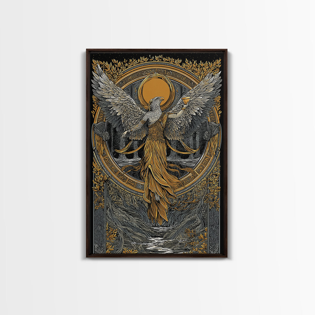 Eagle Headed Deity Holding Chalice, Canvas Gold Art, Mythology Inspired Wall Print, Ancient Symbol Artwork, Real Wood Frame