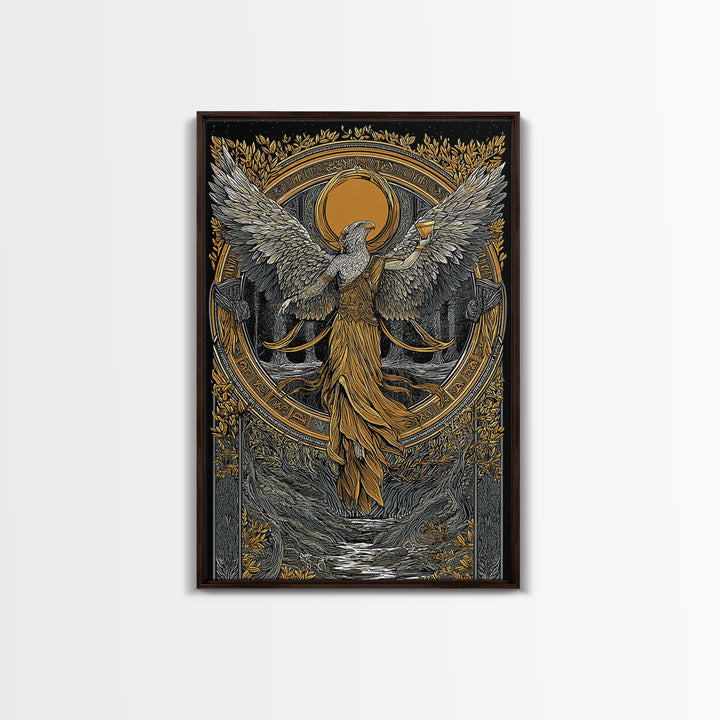 Eagle Headed Deity Holding Chalice, Canvas Gold Art, Mythology Inspired Wall Print, Ancient Symbol Artwork, Real Wood Frame