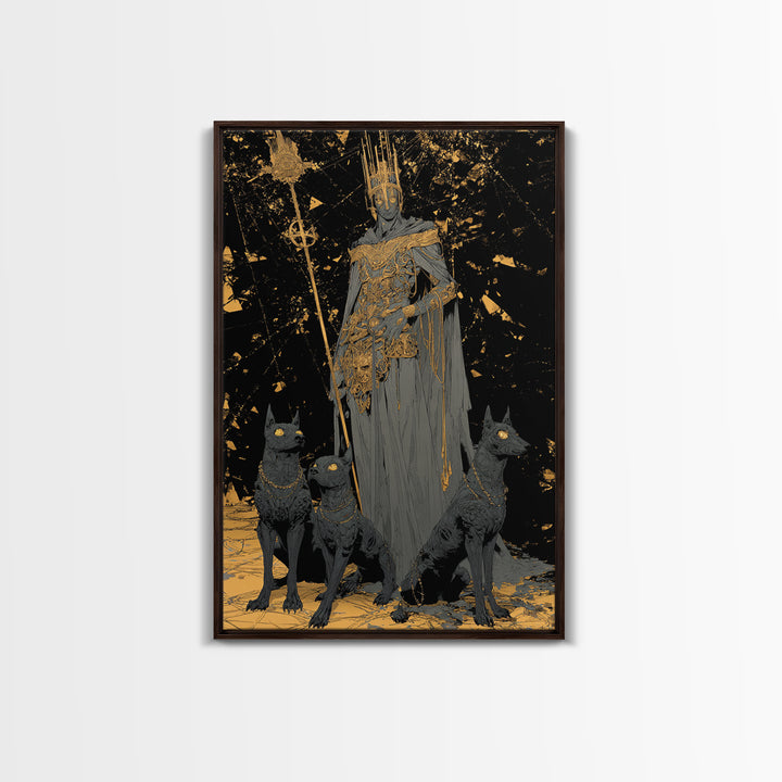 Dark King With Hounds, Canvas Gold Art, Mythology Inspired Canvas Print, Ancient Underworld Wall Artwork, Real Wood Frame