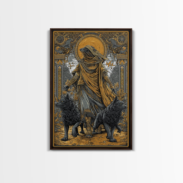 Hooded Deity With Wolves, Canvas Gold Canvas Print, Mythology Inspired Artwork, Ancient Symbolic Wall Decor, Real Wood Frame