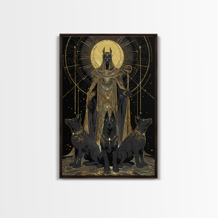 Anubis With Sacred Hounds, Canvas Gold Art, Mythology Inspired Canvas Print, Egyptian God Wall Artwork, Real Wood Frame