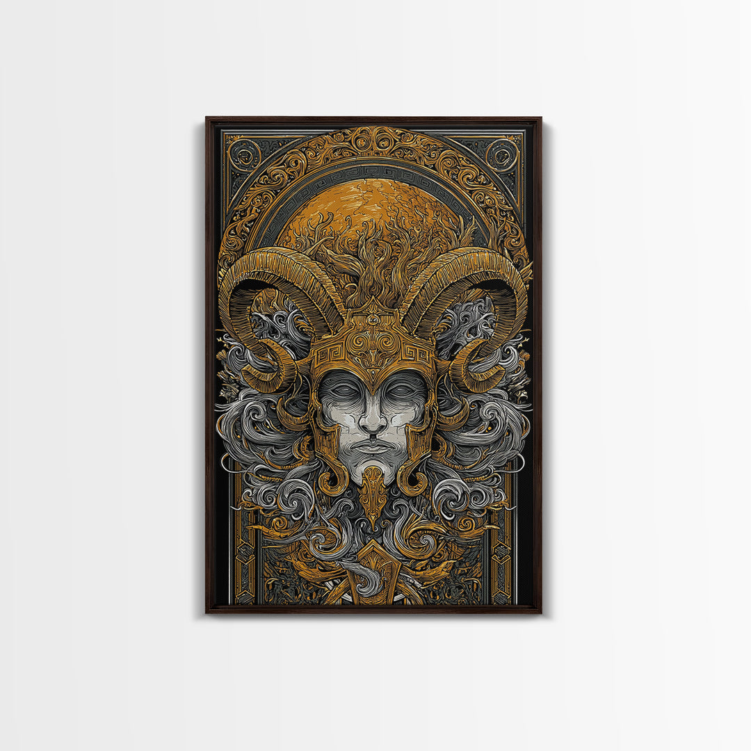 Mythical Horned Warrior Canvas Gold Canvas Print, Intricate Greek God Art, Luxury Wall Decor, Real Wood Frame Artwork