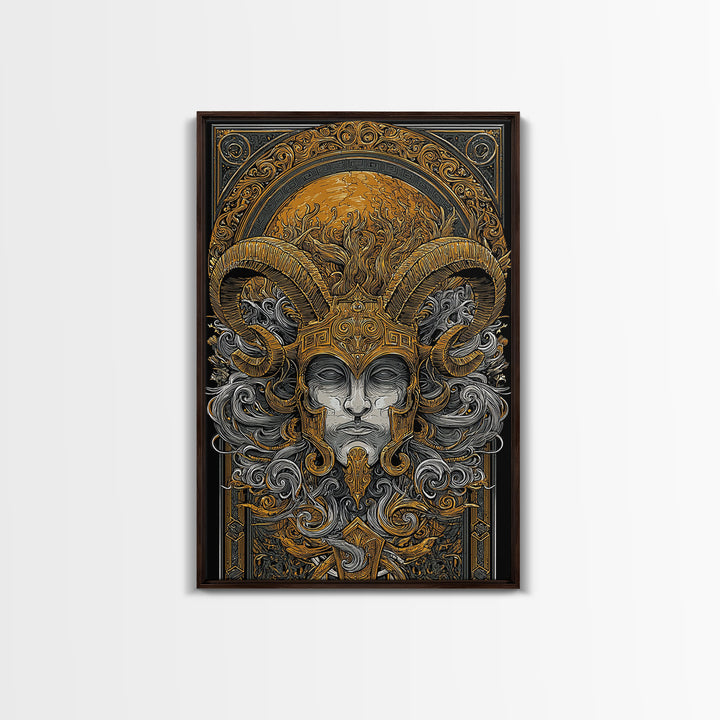 Mythical Horned Warrior Canvas Gold Canvas Print, Intricate Greek God Art, Luxury Wall Decor, Real Wood Frame Artwork