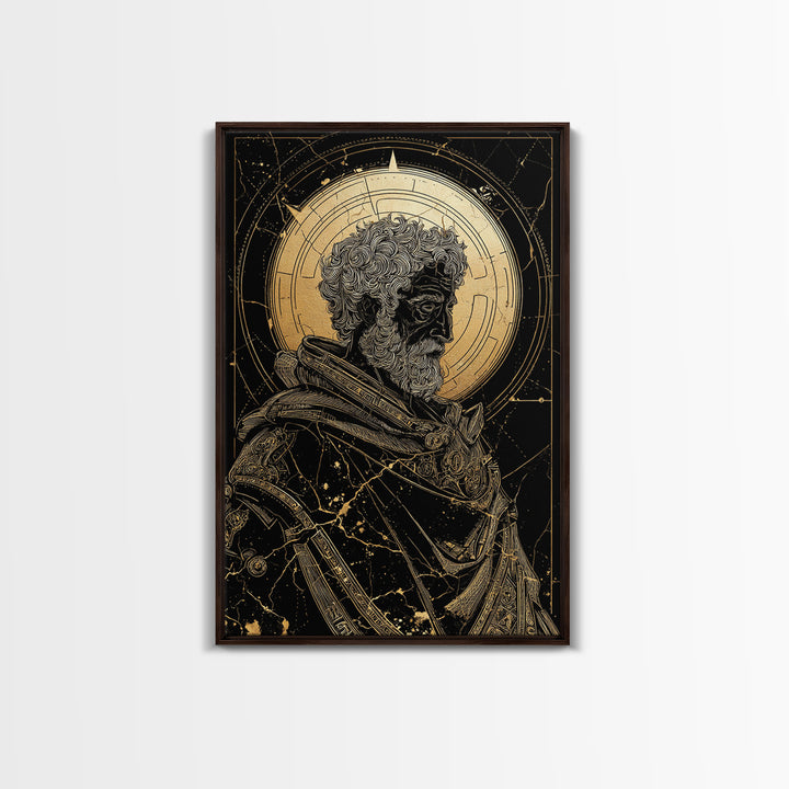Ancient Philosopher Bust Canvas Gold Canvas Print, Greek Portrait Wall Art, Regal Mythology Decor, Real Wood Frame