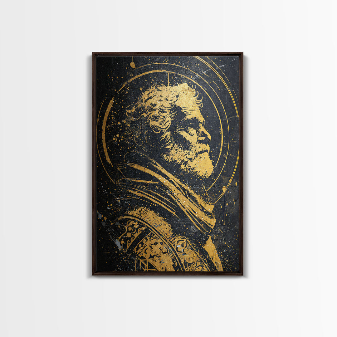 Stoic Elder Portrait Canvas Gold Canvas Print, Greek Philosopher Wall Art, Abstract Ancient Decor, Real Wood Frame
