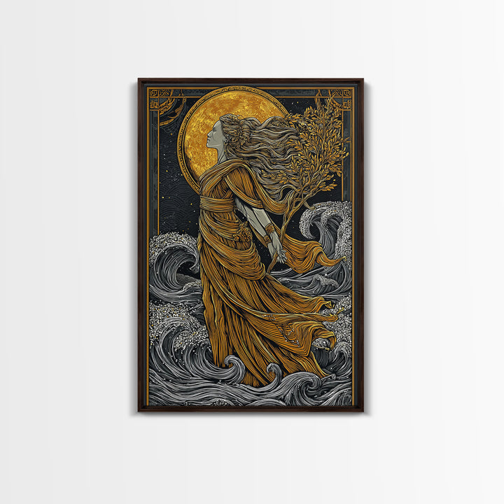 Moonlit Goddess Canvas Gold Canvas Print, Flowing Mythology Wall Art, Timeless Greek Fantasy Decor, Real Wood Frame