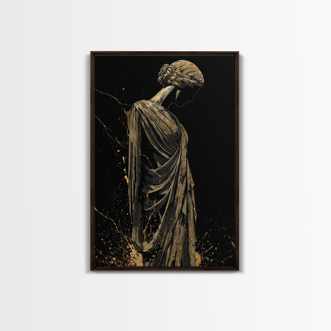 Grecian Muse Silhouette Canvas Gold Canvas Print, Elegant Greek Goddess Art, Minimalist Luxury Wall Decor, Real Wood Frame