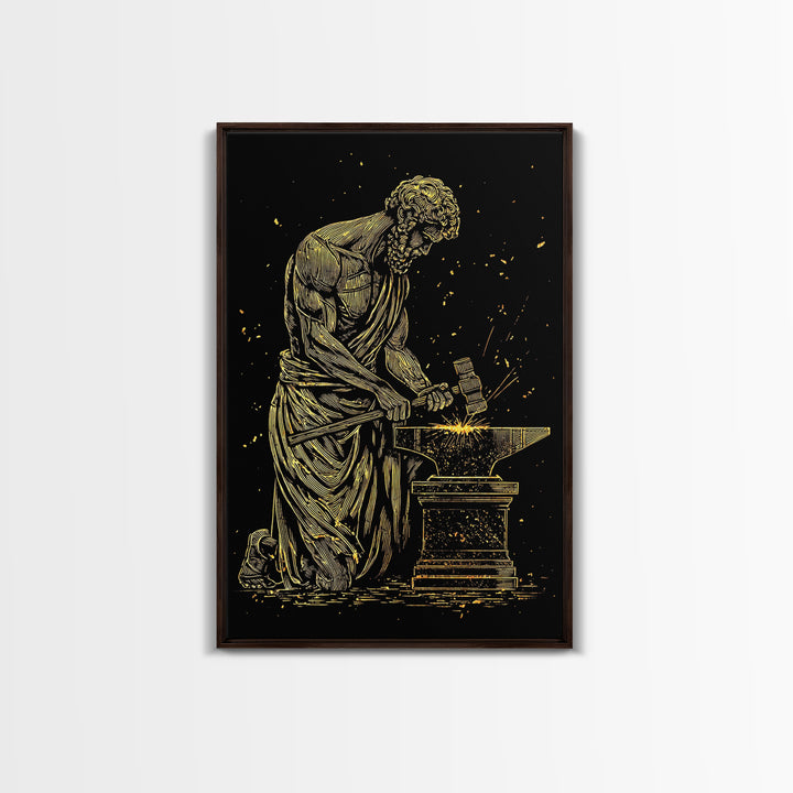 Hephaestus At Forge Canvas Gold Canvas Print, Greek God Blacksmith Art, Strong Mythology Wall Decor, Real Wood Frame