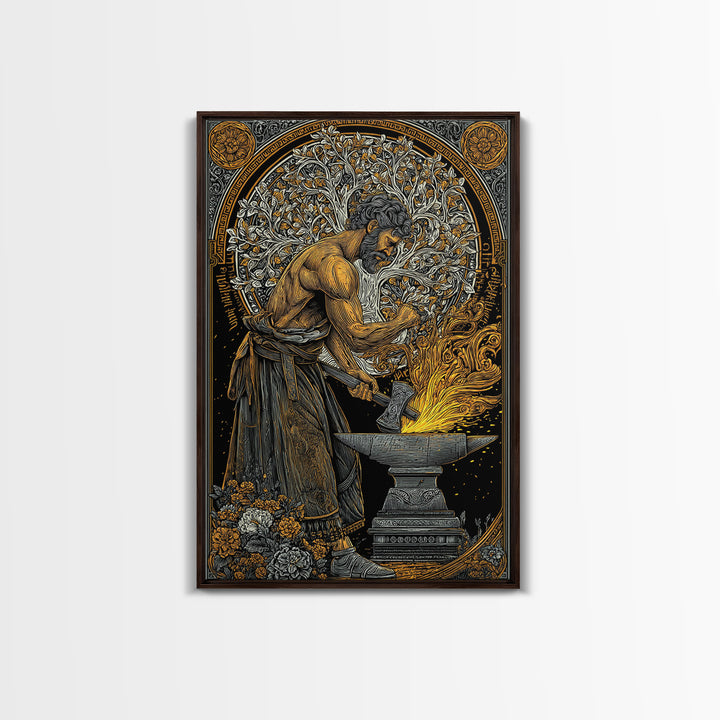 Mythical Forge Master Canvas Gold Canvas Print, Ancient Greek Hephaestus Art, Dramatic Mythology Wall Decor, Real Wood Frame