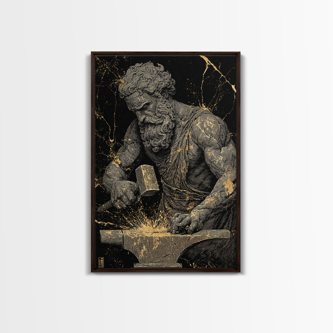 Greek God At Anvil Canvas Gold Canvas Print, Mythological Hephaestus Art, Classic Blacksmith Wall Decor, Real Wood Frame