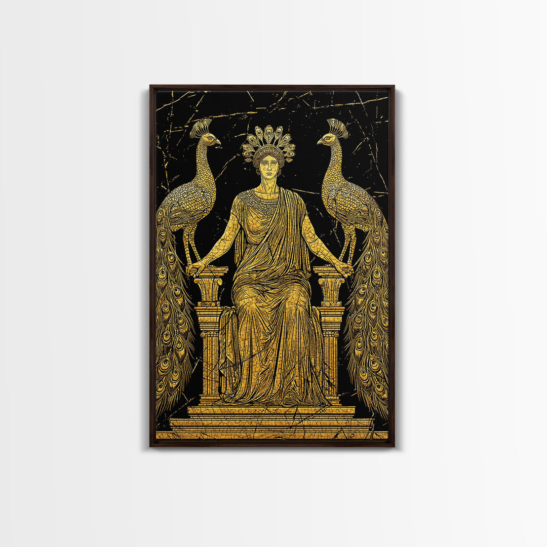 Greek Goddess Hera With Peacocks Canvas Gold Canvas Print, Mythology Wall Art, Luxury Wood Framed Art Decor
