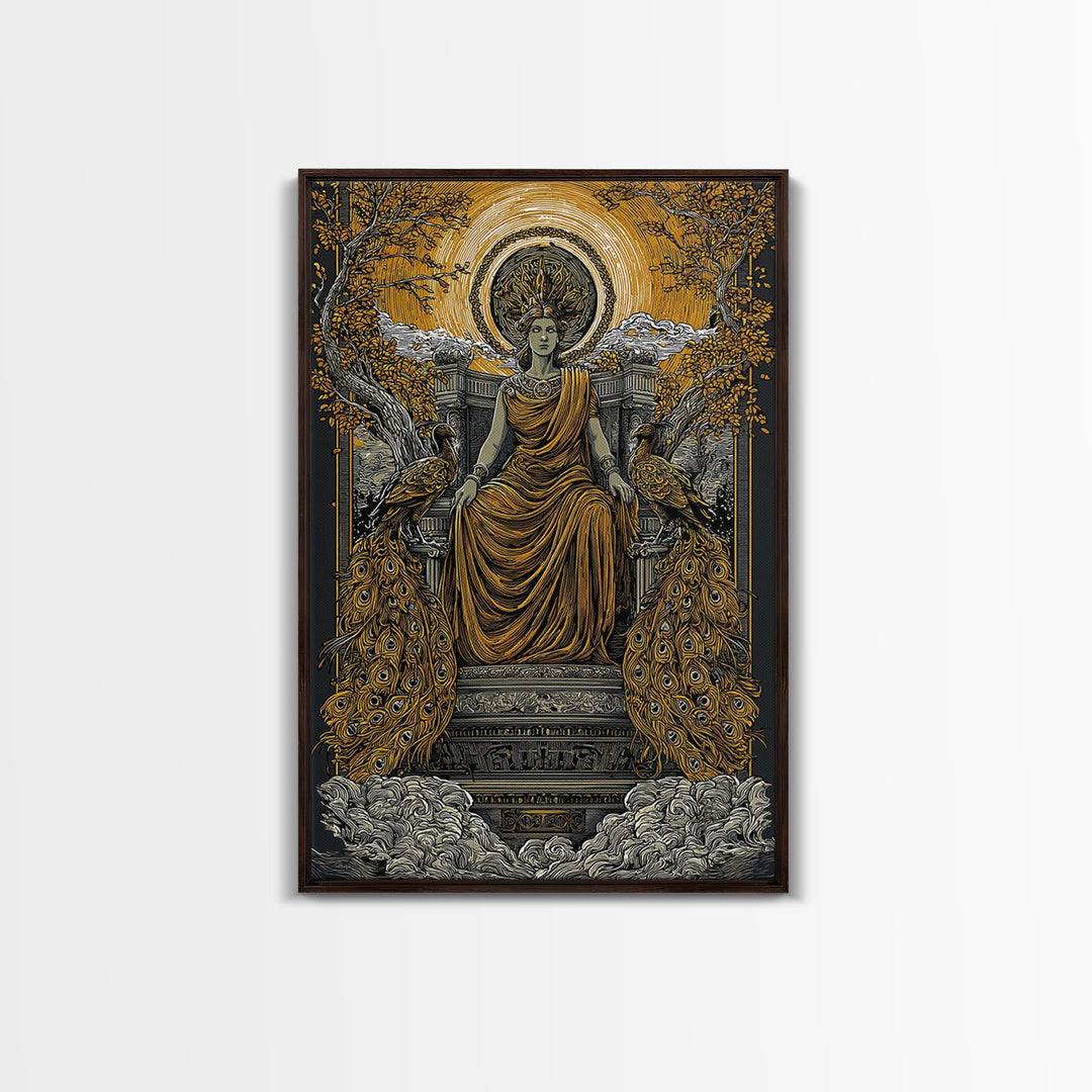 Divine Queen Hera Canvas Gold Canvas Print, Greek Goddess Wall Art, Regal Mythology Decor, Real Wood Frame Artwork