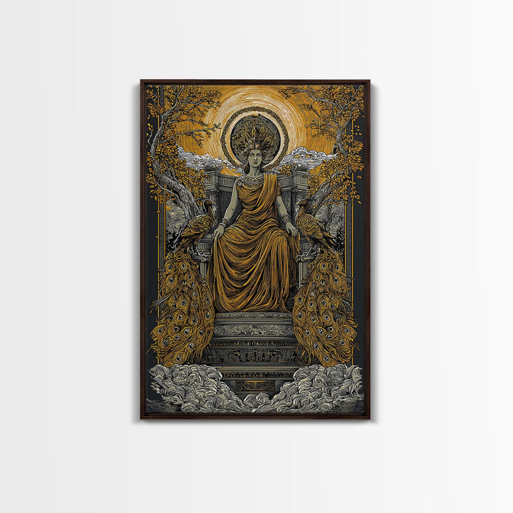 Divine Queen Hera Canvas Gold Canvas Print, Greek Goddess Wall Art, Regal Mythology Decor, Real Wood Frame Artwork