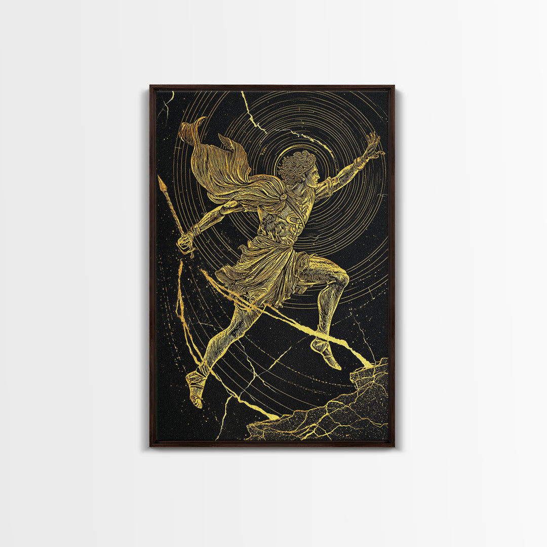 Hermes Running With Caduceus Canvas Gold Canvas Print, Greek God Art, Mythology Wall Decor, Luxury Wood Framed Print