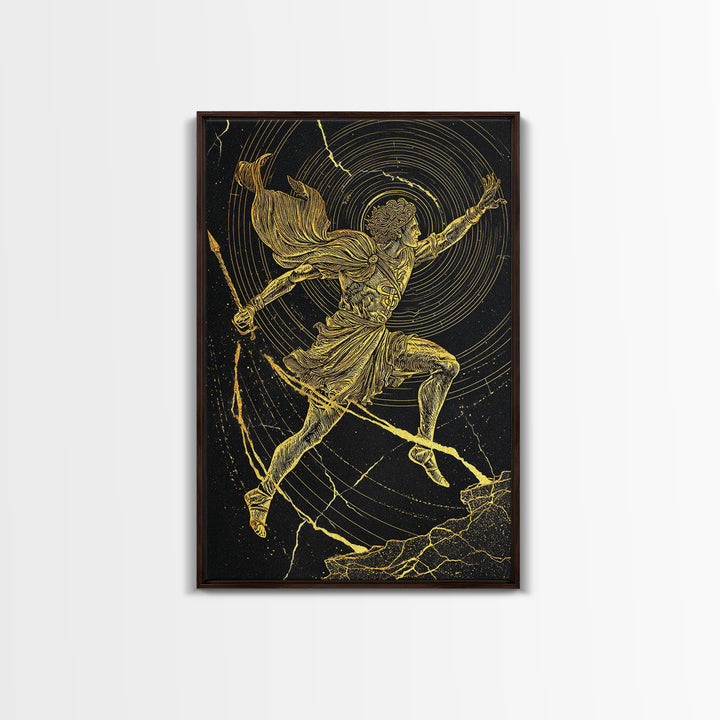 Hermes Running With Caduceus Canvas Gold Canvas Print, Greek God Art, Mythology Wall Decor, Luxury Wood Framed Print