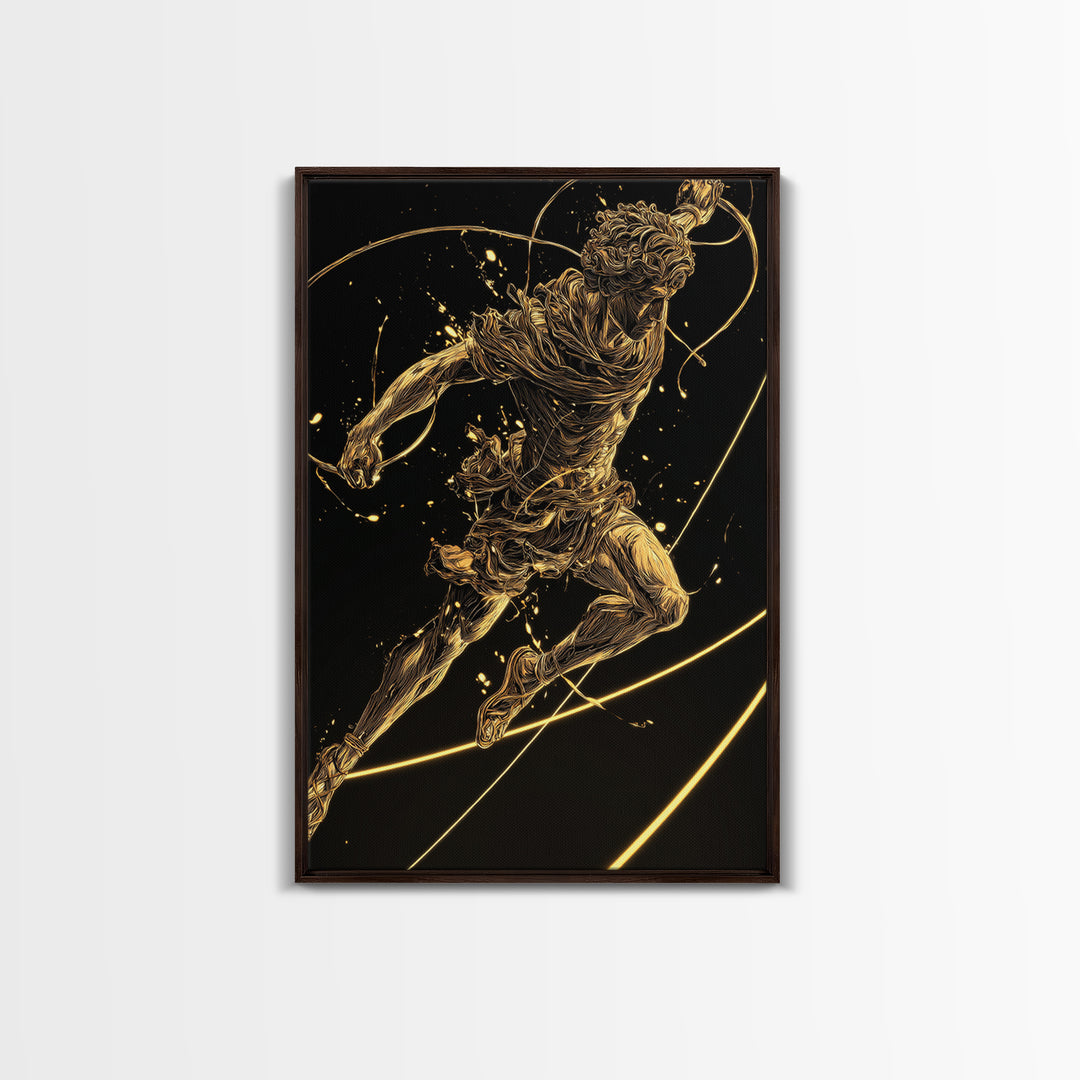 Hermes Leaping Canvas Gold Canvas Print, Greek God Wall Art, Divine Mythology Inspired Decor, Luxury Wood Framed Art