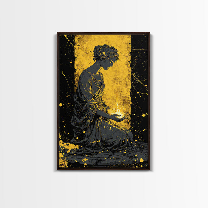 Greek Goddess Hestia With Flame Canvas Gold Canvas Print, Ancient Mythology Wall Art, Real Wood Frame Home Decor
