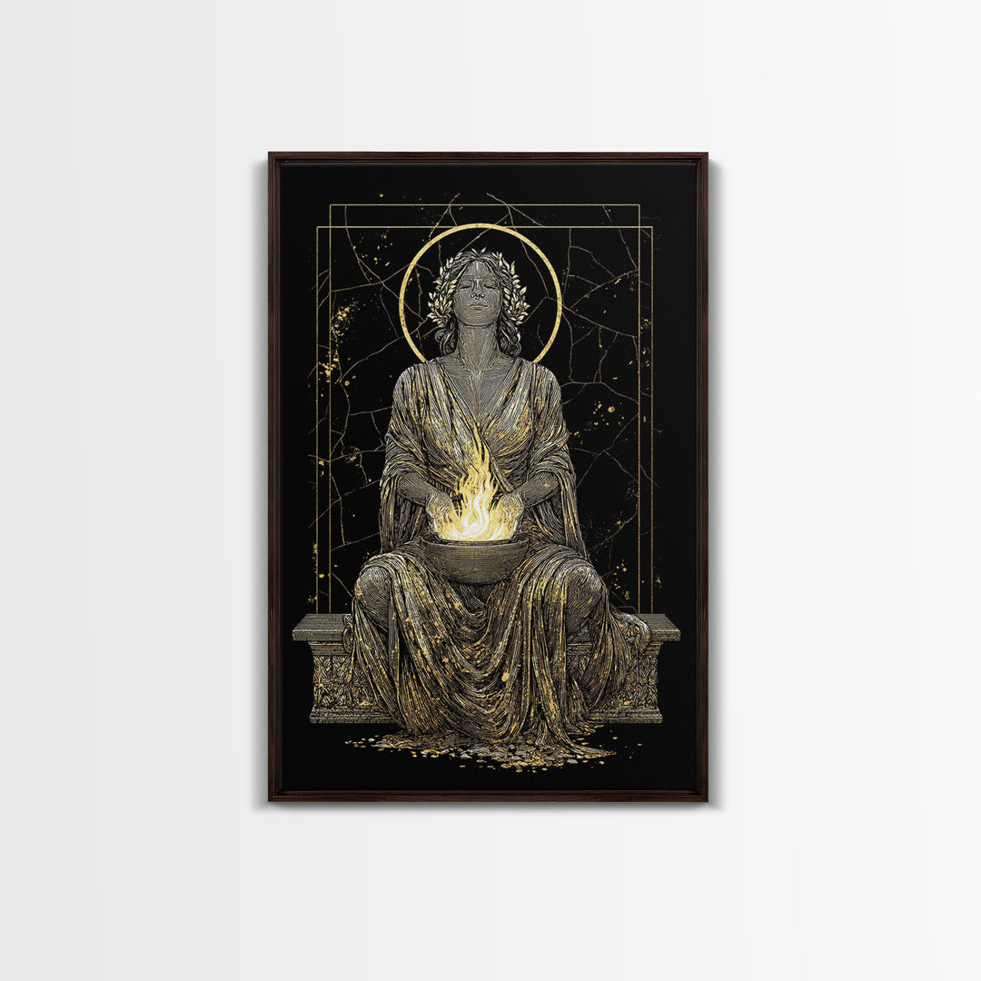 Sacred Flame Hestia Canvas Gold Canvas Print, Greek Goddess Wall Art, Ancient Mythology Decor, Luxury Wood Frame Artwork