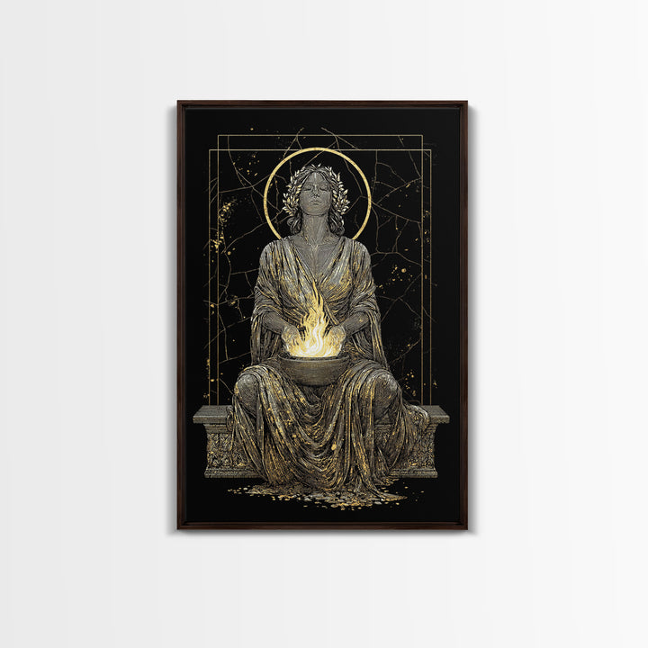 Sacred Flame Hestia Canvas Gold Canvas Print, Greek Goddess Wall Art, Ancient Mythology Decor, Luxury Wood Frame Artwork