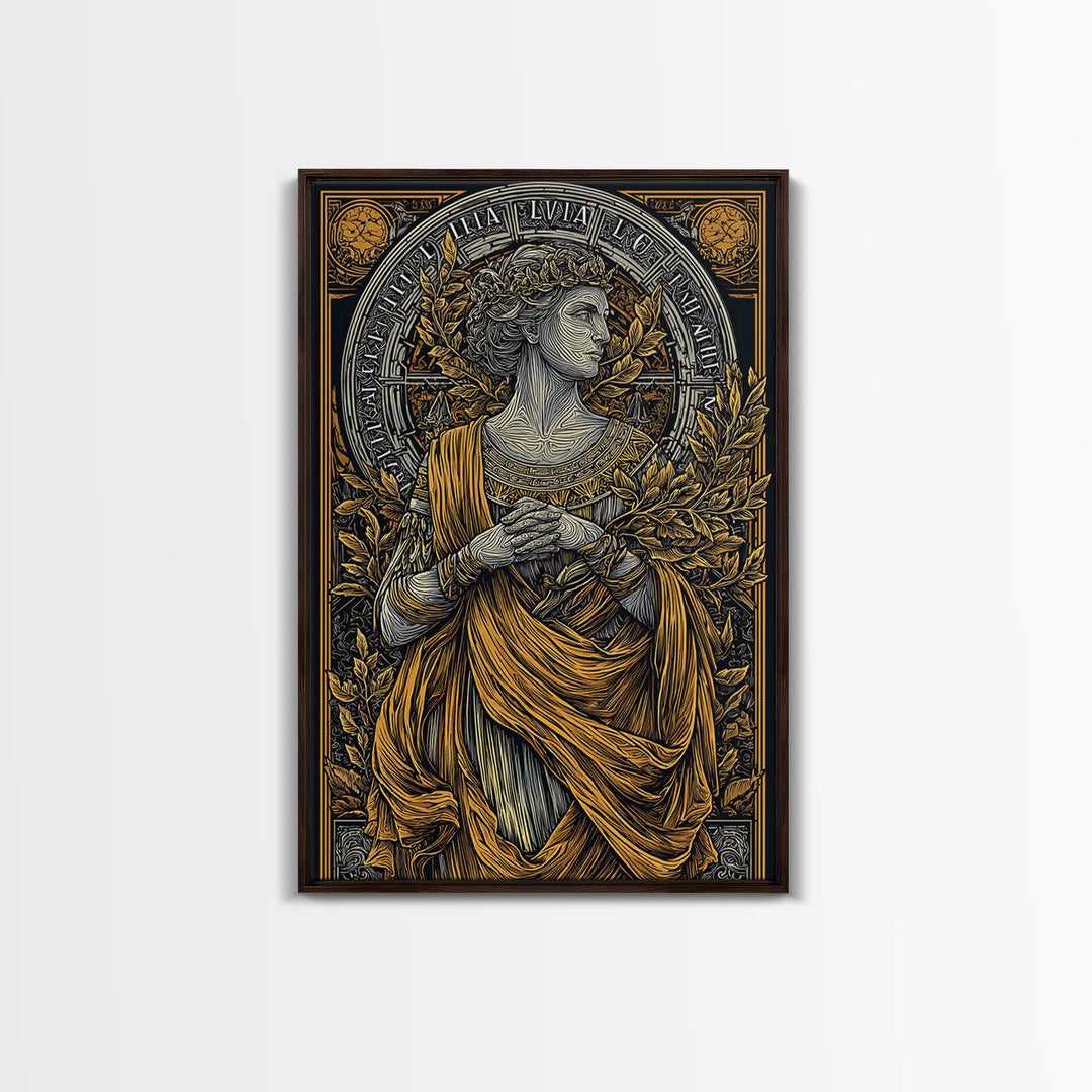 Greek Goddess Hestia With Fire Bowl, Mythology Canvas Gold Canvas Print, Ancient Goddess Wall Art, Real Wood Frame