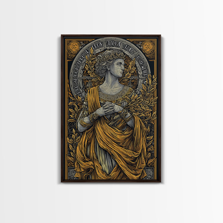Greek Goddess Hestia With Fire Bowl, Mythology Canvas Gold Canvas Print, Ancient Goddess Wall Art, Real Wood Frame