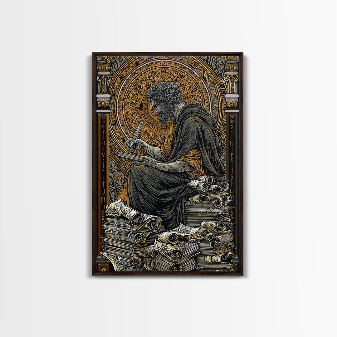 Canvas Gold Canvas Print, Ancient Philosopher Writing Art, Greek Scholar Wall Decor, Mythology Artwork, Real Wood Frame