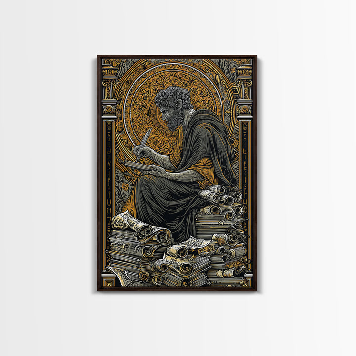 Canvas Gold Canvas Print, Ancient Philosopher Writing Art, Greek Scholar Wall Decor, Mythology Artwork, Real Wood Frame