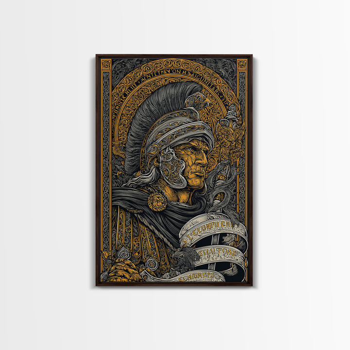 Canvas Gold Canvas Print, Warrior Helmet Roman Soldier Art, Ancient Military Wall Decor, Classical Artwork, Real Wood Frame
