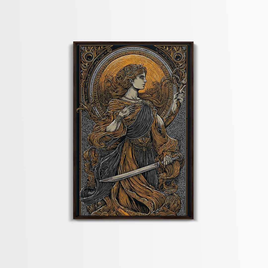 Canvas Gold Canvas Print, Mythical Goddess With Sword Art, Ancient Deity Wall Decor, Divine Feminine Strength Artwork, Real Wood Frame