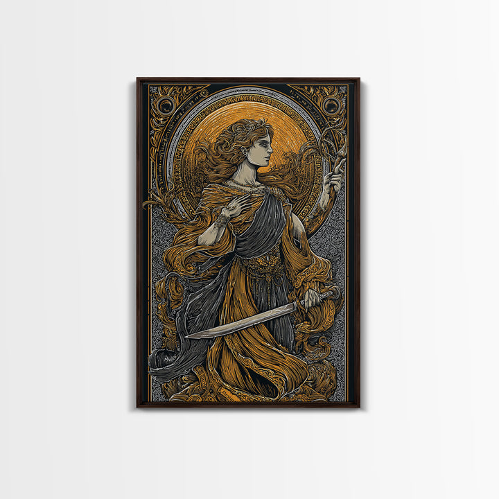Canvas Gold Canvas Print, Mythical Goddess With Sword Art, Ancient Deity Wall Decor, Divine Feminine Strength Artwork, Real Wood Frame