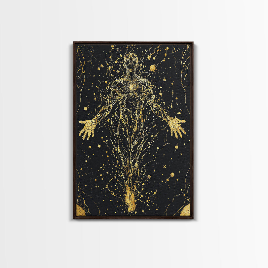 Canvas Gold Canvas Print, Cosmic Human Energy Lines Art, Spiritual Awakening Wall Decor, Astral Mythology Artwork, Real Wood Frame
