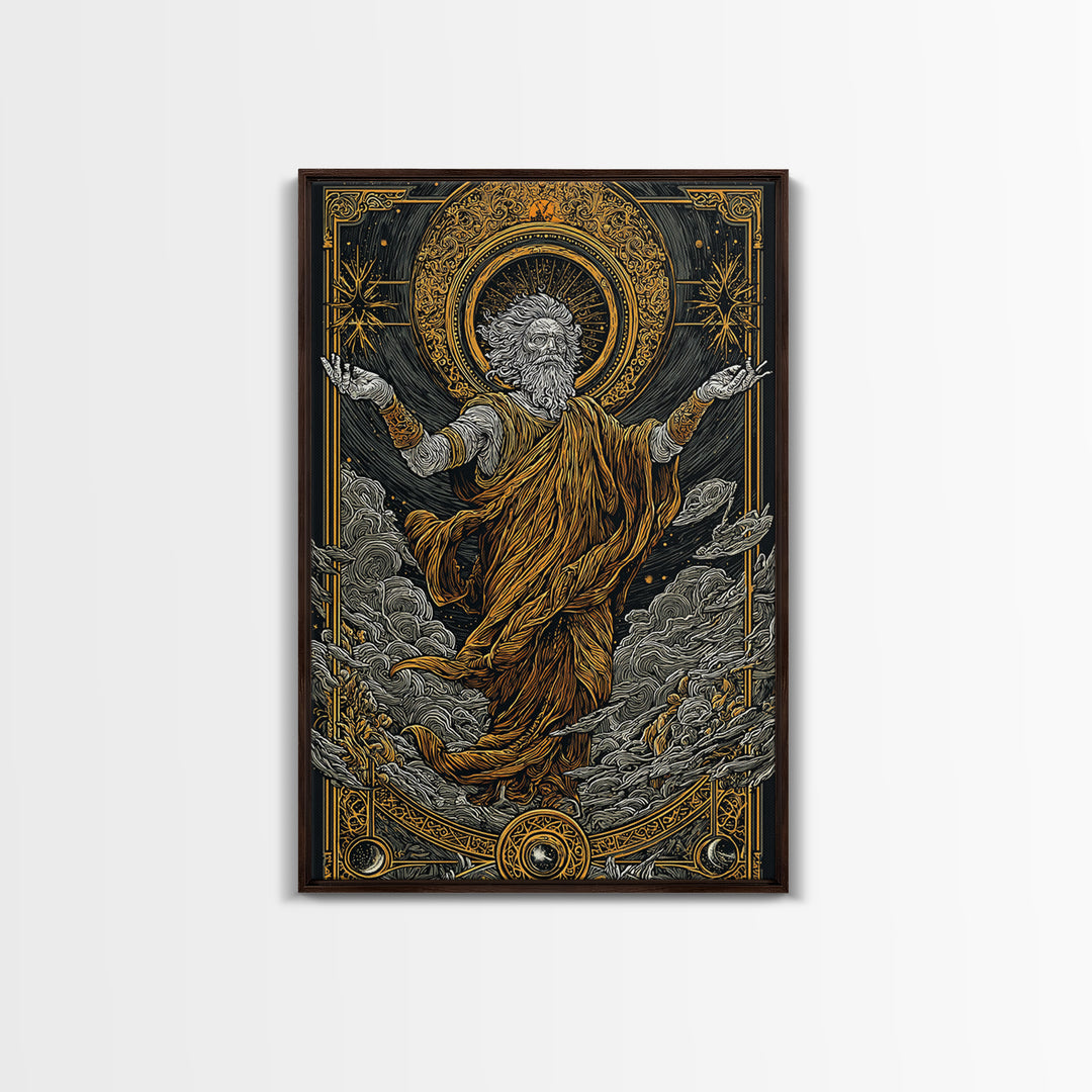 Canvas Gold Canvas Print, Ancient God Ascension Art, Mythology Divine Figure Wall Decor, Celestial Power Artwork, Real Wood Frame