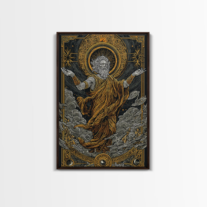 Canvas Gold Canvas Print, Ancient God Ascension Art, Mythology Divine Figure Wall Decor, Celestial Power Artwork, Real Wood Frame