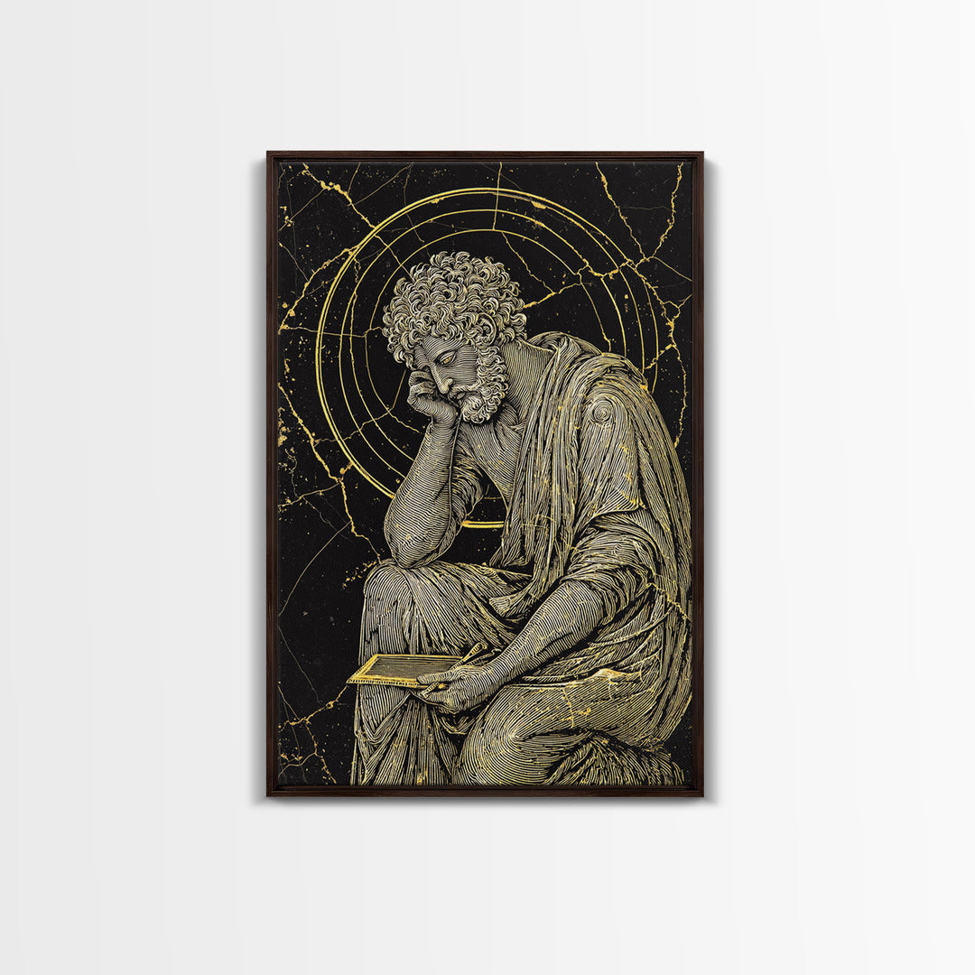 Canvas Gold Canvas Print, Stoic Philosopher Sitting Art, Ancient Thinker Wall Decor, Roman Wisdom Artwork, Real Wood Frame