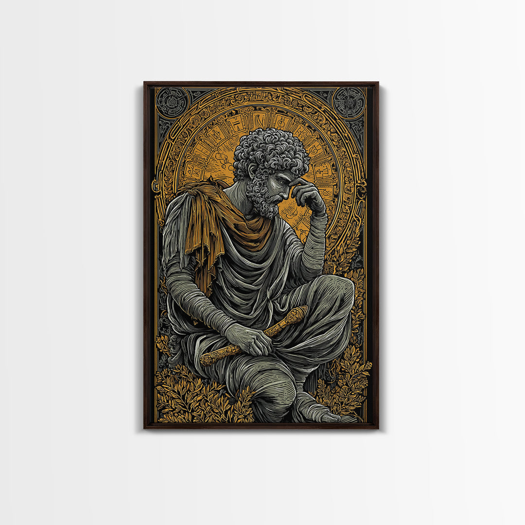 Canvas Gold Canvas Print, Greek Philosopher Statue Art, Ancient Wisdom Wall Decor, Classical Thinker Artwork, Real Wood Frame